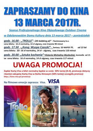 Kinowe promocje 13 marca w ODK z kartą Visa bilet normalny w cenie 8zł!